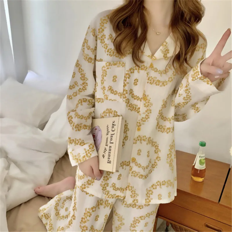 CAIYIER Autumn Winter Women Pajamas Set Korean Striped Print Girls Sleepwear Lingerie Ladies Lounge Sets Kawaii Homewear M-2XL