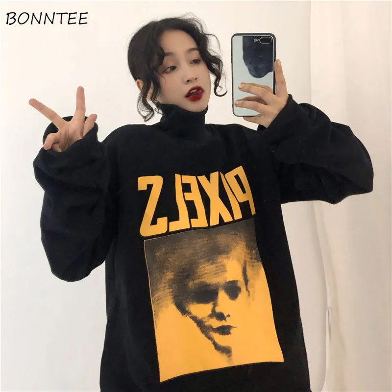 

Hoodies Women Solid Letter Print Turtleneck Long Style Full Sleeve Loose Soft Womens Hoodie All-match Leisure Simple Trendy Chic