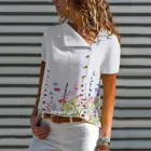 Футболка женская с коротким рукавом, V-образным вырезом и цветочным принтом