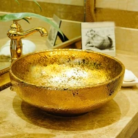 free shipping jingdezhen hand made gold color ceramic porcelain art bathroom sink