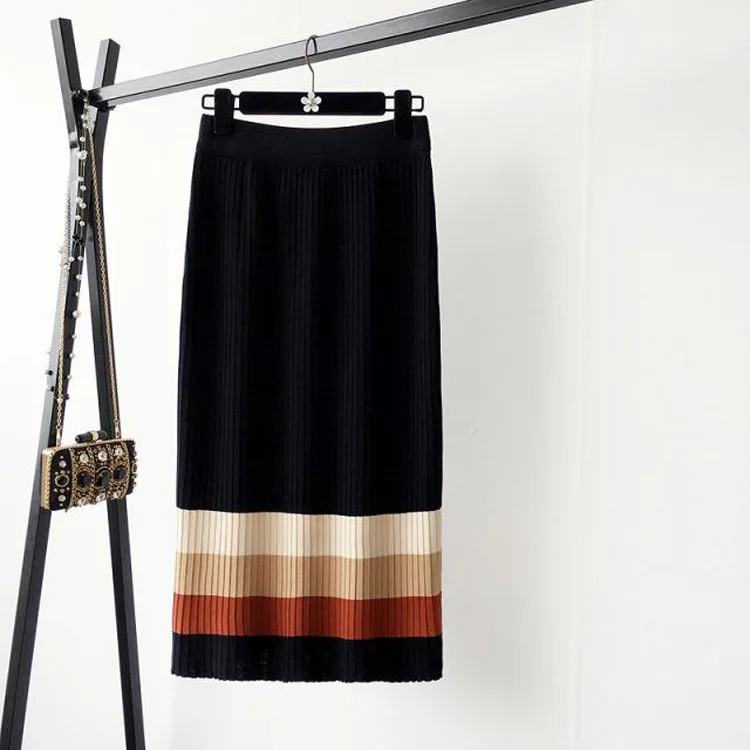 Женские плиссированные юбки в полоску осенне-зимние длинные с прострочкой