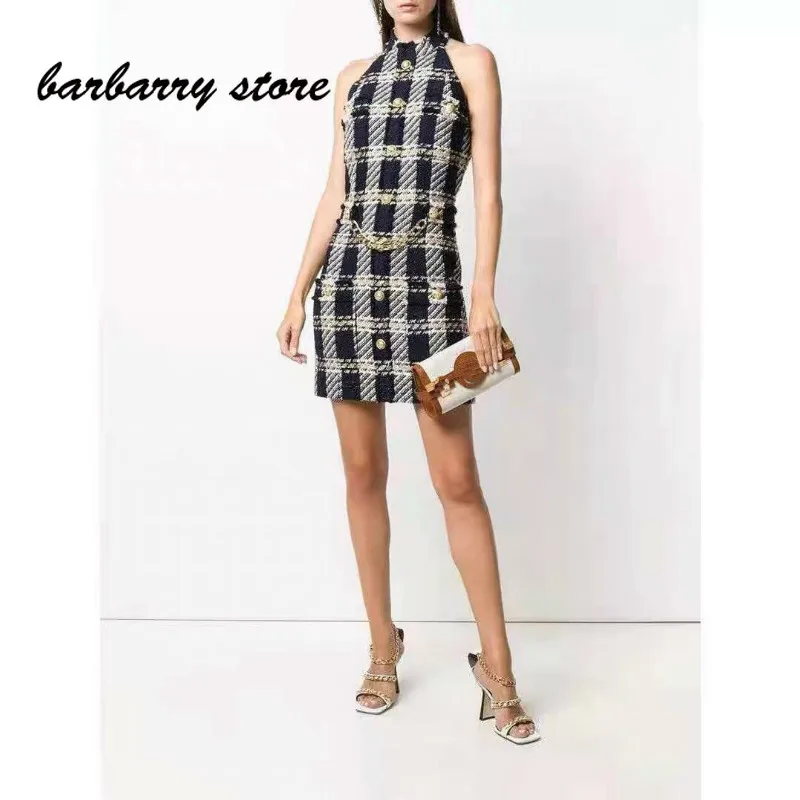 

Женское облегающее однобортное платье, черно-белое контрастное платье в клетку без рукавов, эксклюзивное эластичное платье, 2021