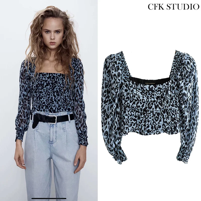 Женская рубашка с леопардовым принтом ZA повседневная Облегающая длинными