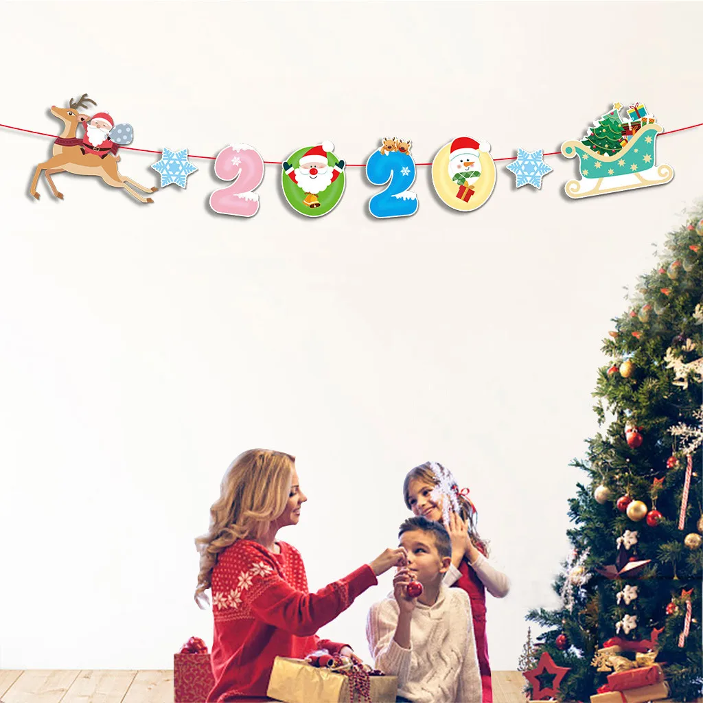 Счастливого Рождества баннер украшения висящий флаг Санта Снеговик Олень носки