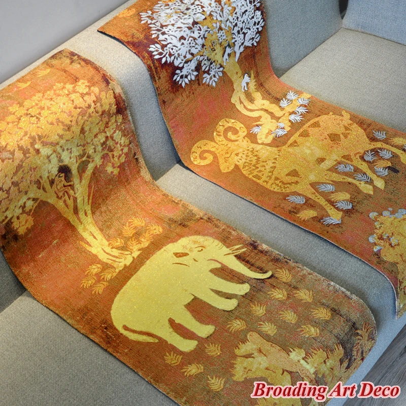 

PAIR OF ELEPHANT & GOAT (GOLDEN) JACQUARD WEAVE TAPESTRY WALL HANGING GOBELIN HOME ART DECORATION COTTON 100% 130X46CM EACH