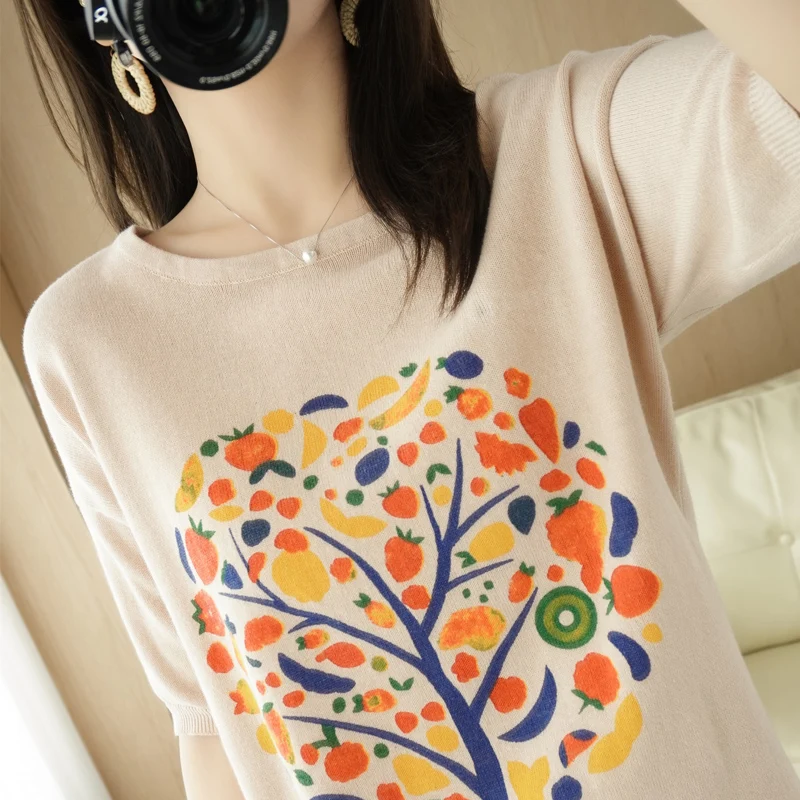 

Pure cotton round neck short-sleeved t-shirt women 2021 summer new style cotton and linen half-sleeved loose printed cotton knit