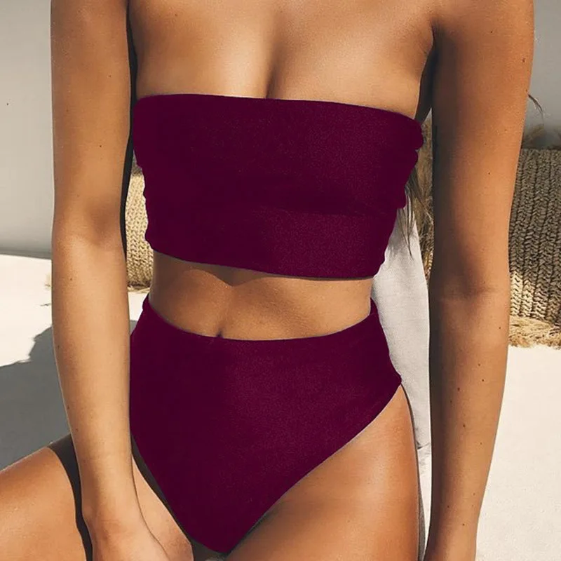 

2021new solid high waist bikini split swimsuit sports Swimsuit Bikini orange swimsuit 2 piece Strapless swimsuit
