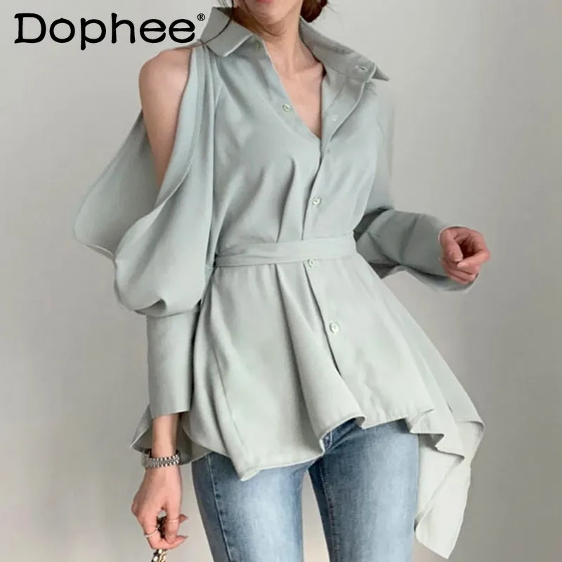 

Korean Fashion Sexy Off-Shoulder Lantern Sleeve Chiffon Blouse Women Elegant Lapel Hollow Back Lace-up Bow Buttons Shirt Summer