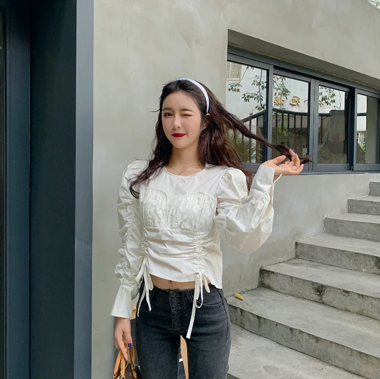 Блузка женская с длинным рукавом модный винтажный укороченный топ рубашка