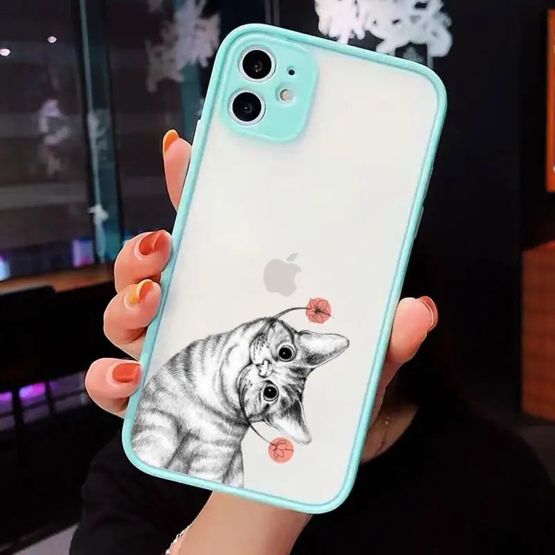 

Cat Black white cute Phone Cases Matte Transparent for iPhone 7 8 11 12 s mini pro X XS XR MAX Plus cover funda