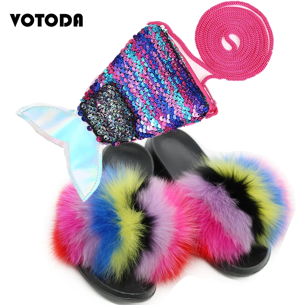 Шлепанцы детские из натурального Лисьего меха комплект с сумочкой и