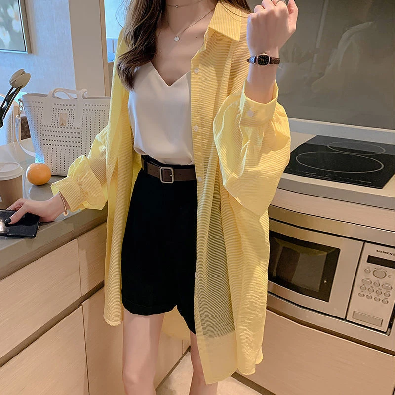 

New Summer Women's Sun Protection Clothing Solid Plus Size Female Blouse Loose Outerwear Long Sleeve Lady Chiffon Shirt Mujer