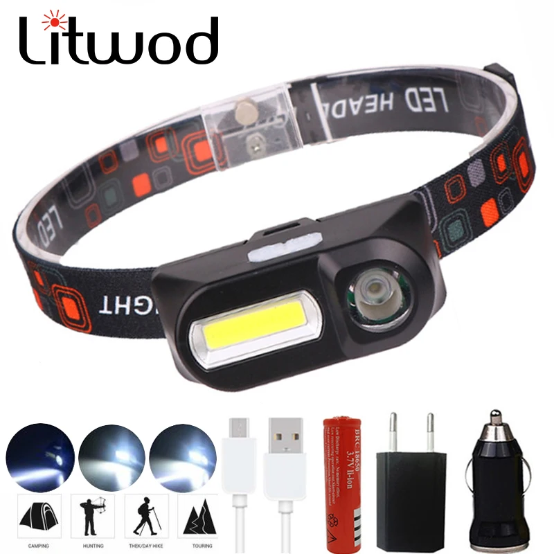 

Portable Mini Q5+COB Double Switch Heading Light 3 Modes LED Headlamp USB Rechargeable Battery Headlight Night Fishing Litwod