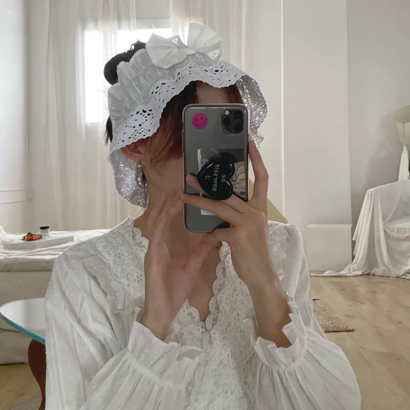 

Hstar Women Cotton Sweet Palace Style Pajamas Set Home Clothes Korean Autumn Lace Elegant Pure Color Cotton 2021 Pajamas