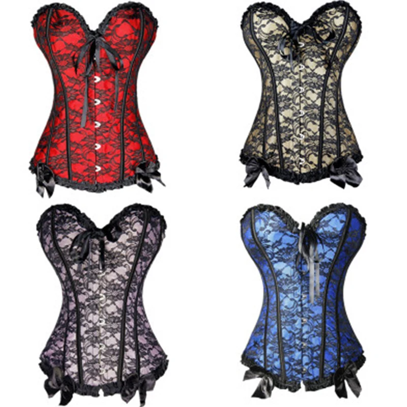 

Red sexy Women Mesh Grid Lingerie Basque Corselet Bustier Floral Lace Overlay Corset Overbust Plus S-6XLSize clothing steampunk