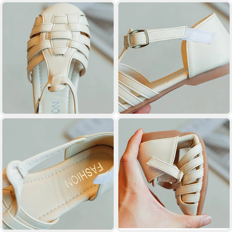 

Summer Children's PU Leather Woven Sandals Fashion Soft Sole Non-slip Kids Roman Sandals Breathable Girls Flats Princess Shoes