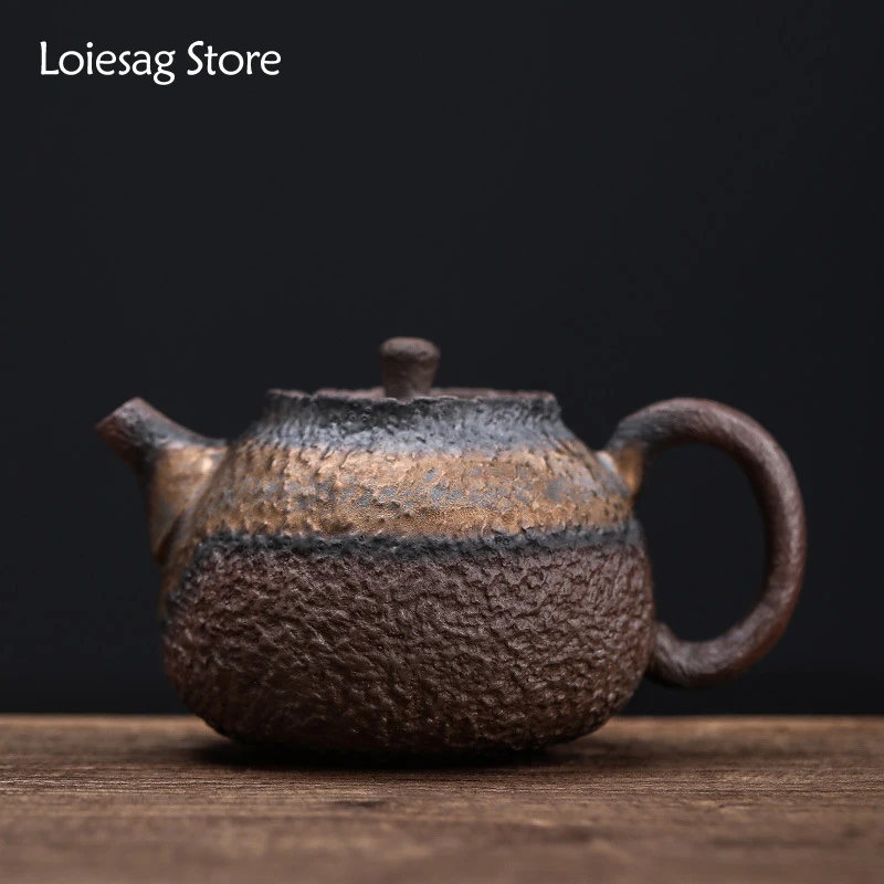 

Loiesag 220ml Stone Pattern Handmade Retro Pot Japanese Style Stoneware Small Tea Pot Gilt Gold Iron Glaze Single Pot Tea Maker