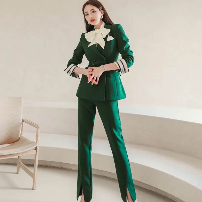 

2020 Korea Double Breasted Notched Office Blazer Coat Straight Long Pant Casual Women's Two Piece Green Work Sets