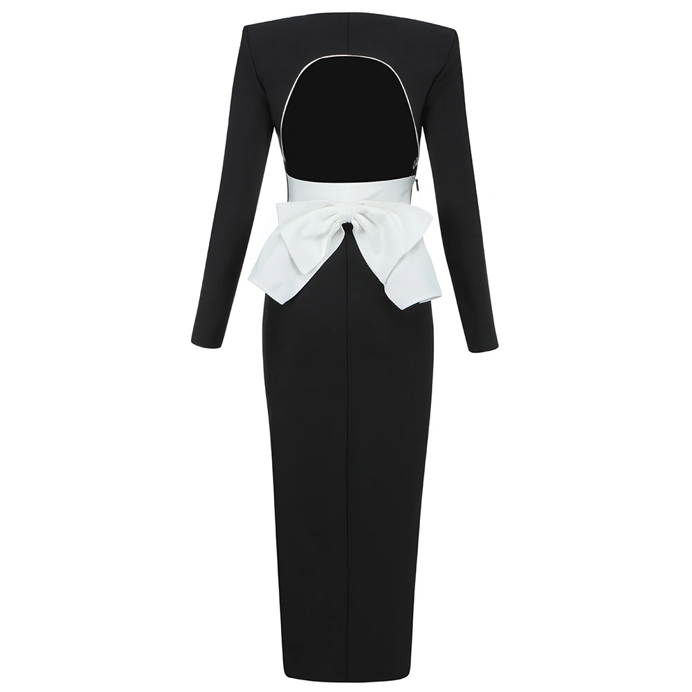 

Sale Women Sexy Long Sleeve Ruffles Mid-calf Black Elegant Bandage Dress 2021 Ladies Club Celebrity Bodycon Party Dress Vestido