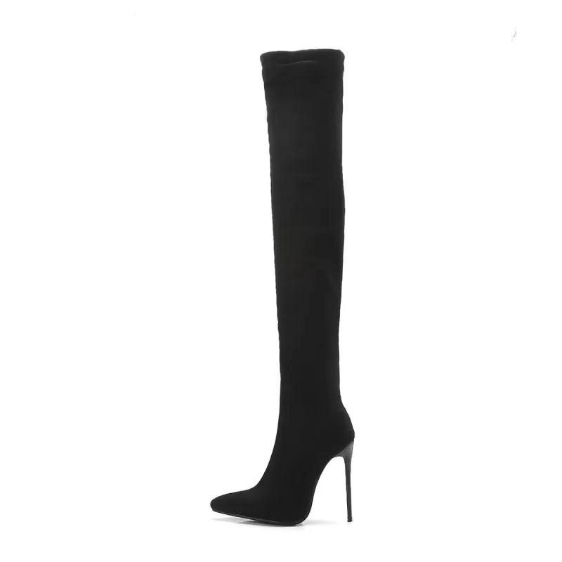 Женские высокие сапоги большого размера женские выше колена однотонные с острым
