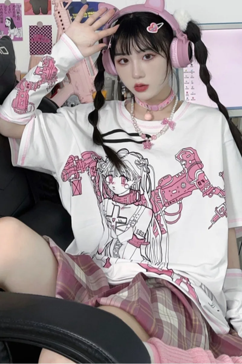

WHOHOLL Harajuku Style Mecha Girl Cartoon Print White T-shirts Loose Short Sleeve T-shirt Women Graffiti Casual Top