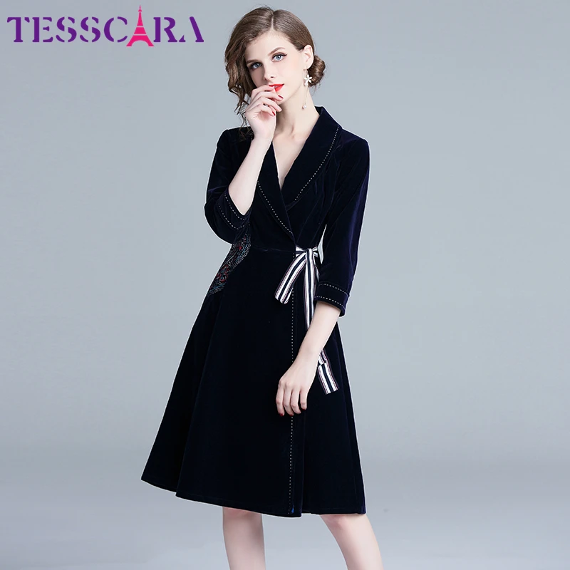 TESSCARA, женское осеннее и зимнее элегантное бархатное платье, праздничное, для женщин, высокое качество, дизайнерские, офисные, вечерние, Vestidos, винтажное платье
