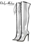 Onlymaker Женские туфли с открытым носком, на шпильках 12 см, на высоком каблуке, прозрачные, из ПВХ, вечерние, выше колена, на шнуровке