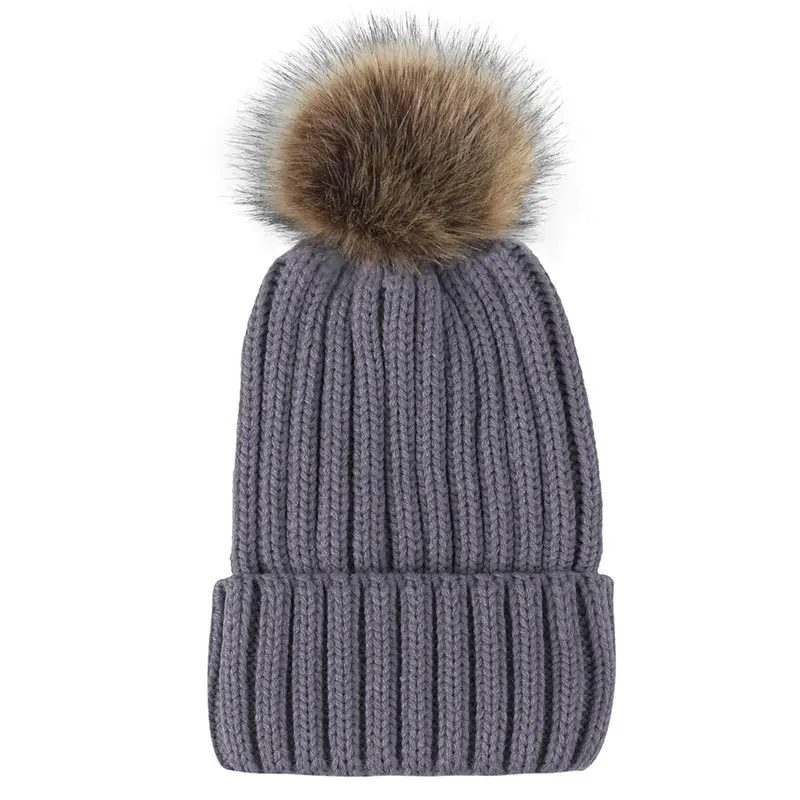 Hot Sale Knitted Womens 14 Colors Faux Fur Ball Beanie Ski Hat Detachable Ladies Winter Unisex Wild Hipster Ball Knit Hat 10PC