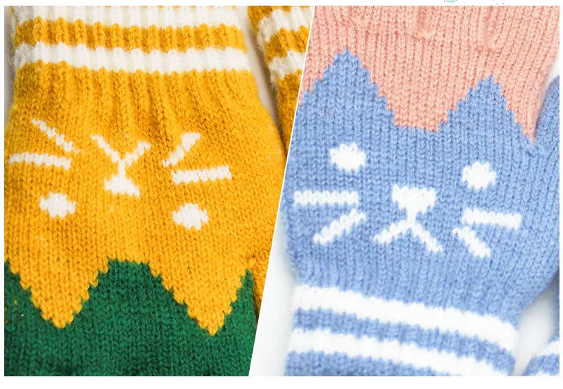 

3-12T Children Cartoon Cat Outdoor Gloves Boys Girls Winter Warm Imitated Cashmere Knitted Full Finger Mittens