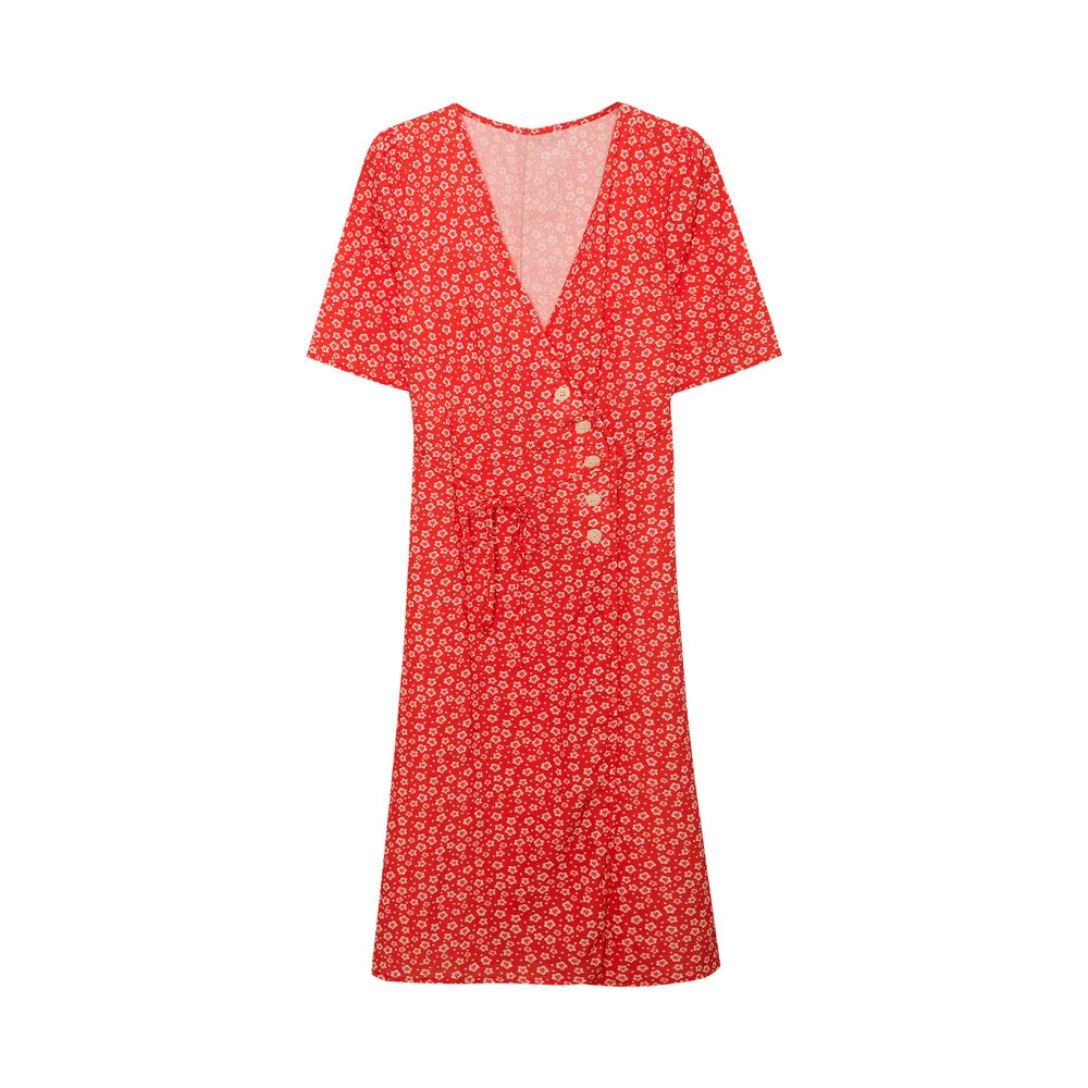 Женское платье в стиле ретро миди с коротким рукавом V-образным вырезом и