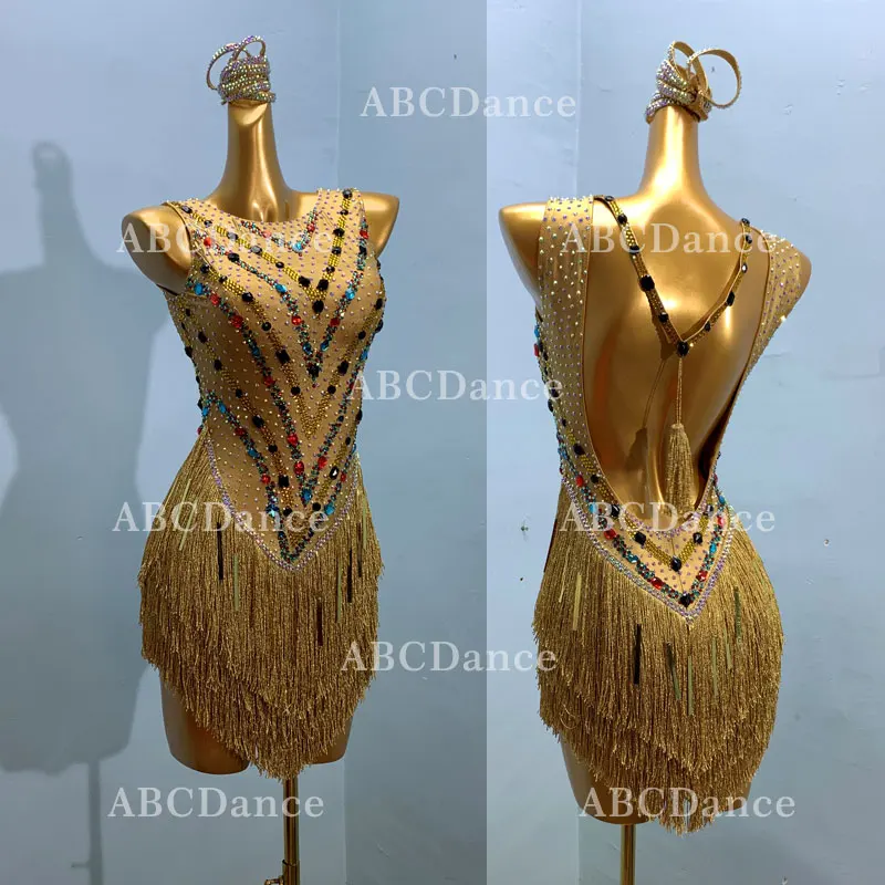 

Gold performance latin dance clothes women Multicolor stones tassel latin dance dress ballroom Standard dance Competition wear
