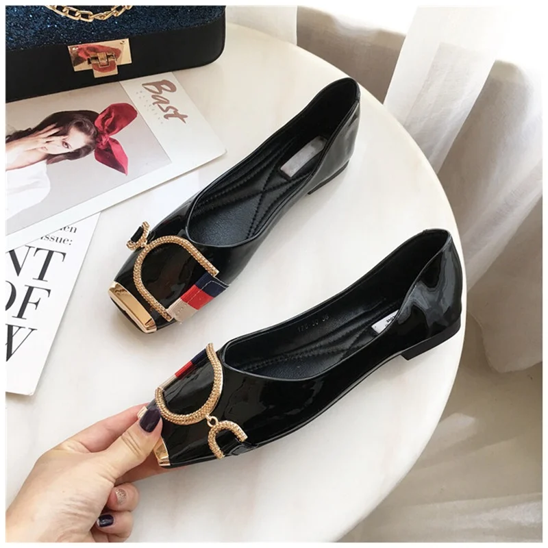 SUOJIALUN Rhinestone Buckle Flat Shoes Women Square Toe Ballerina Slip On Ladies Shoes Fashion Design Luxury Loafers Flat Shoes