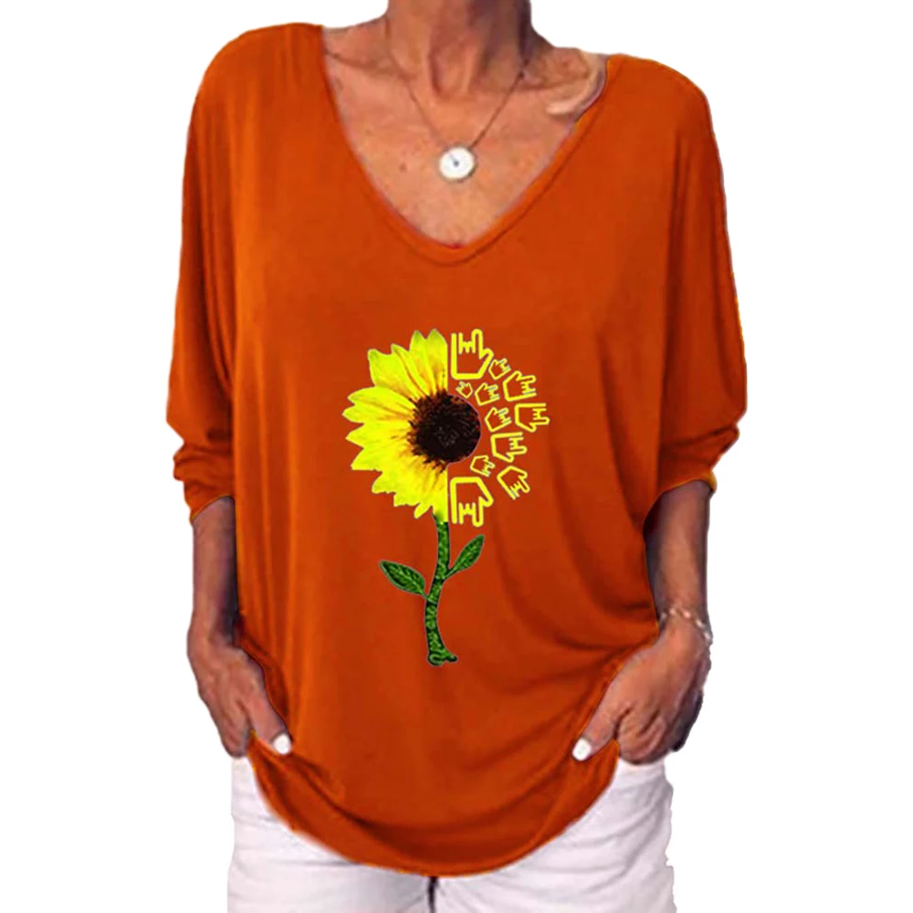 

Printed Women Tshirts Three Quarter Sleeve V Neck Tees Single Breated Large Size Casual Female Top Clothing Floral#k