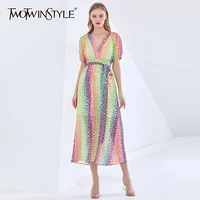 twotwinstyle hit color elegant dress for women v neck puff sleeve high waist print leopard midi dresses female fashion new tide