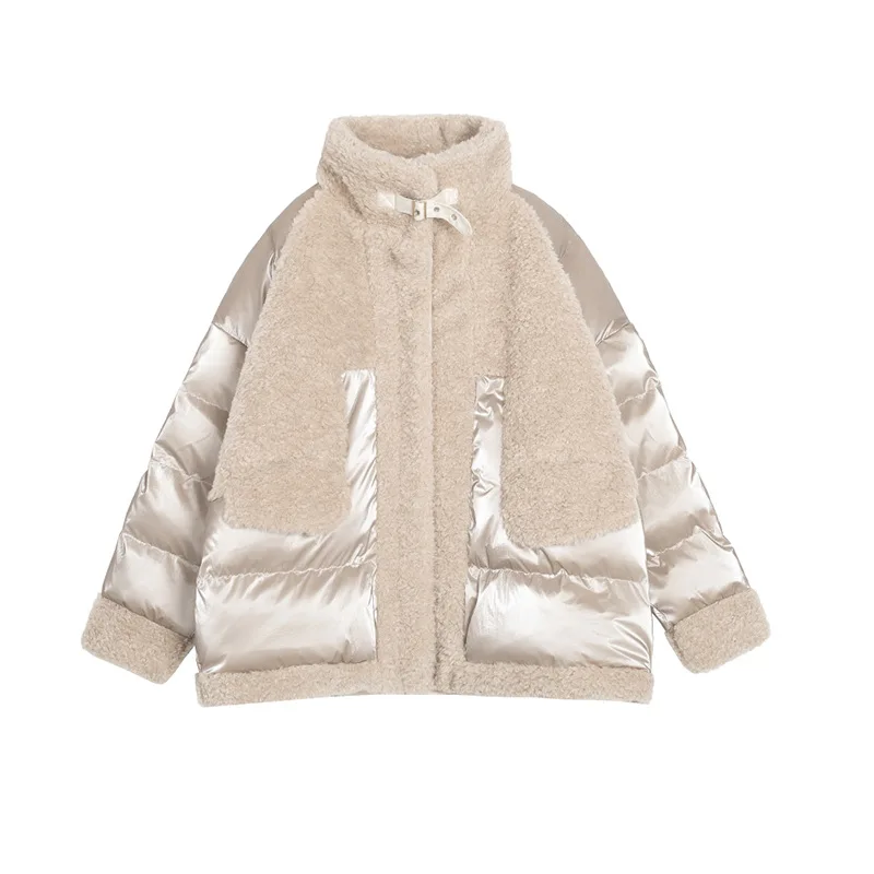 

Woman Jacket Lamb Wool Stitching Down Padded Jacket Short No Hood Thick Warm Winter Padded Jacket Free Shipping