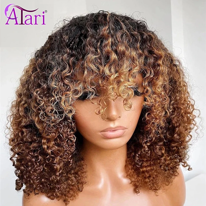 Виги из кудрявых человеческих волос цвета коричневого имбиря с челкой, плотностью 200% и полностью машинным производством "Atari Highlights Brown Jerry Curly Human Hair Wigs with Bang 200 Density Ginger Full Machine Made Peruvian on."