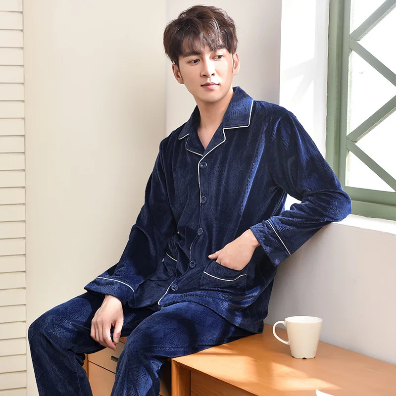 Pajamas Men's Winter Thin Coral Fleece Large Size Thickening Warm Long-sleeved Island Home Service Suit Sommeil Tops 2020 | Мужская