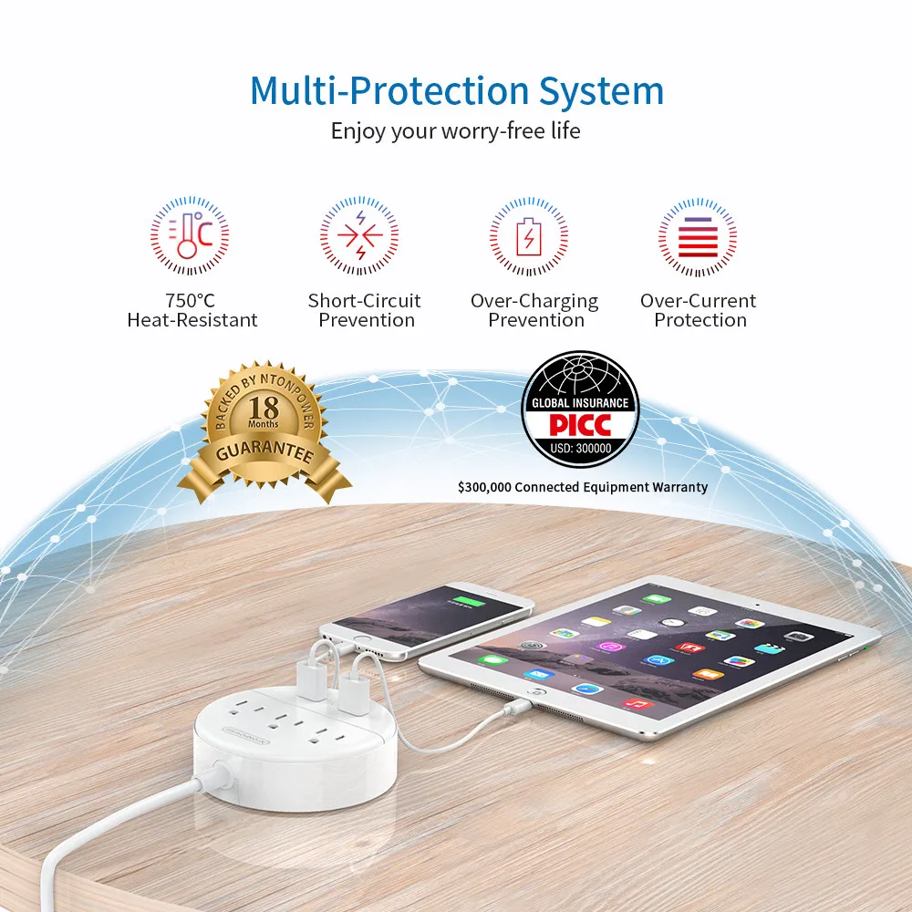 Сетевой удлинитель NTON POWER US настенное крепление с USB флагом 3 розетки 2 USB-порта для
