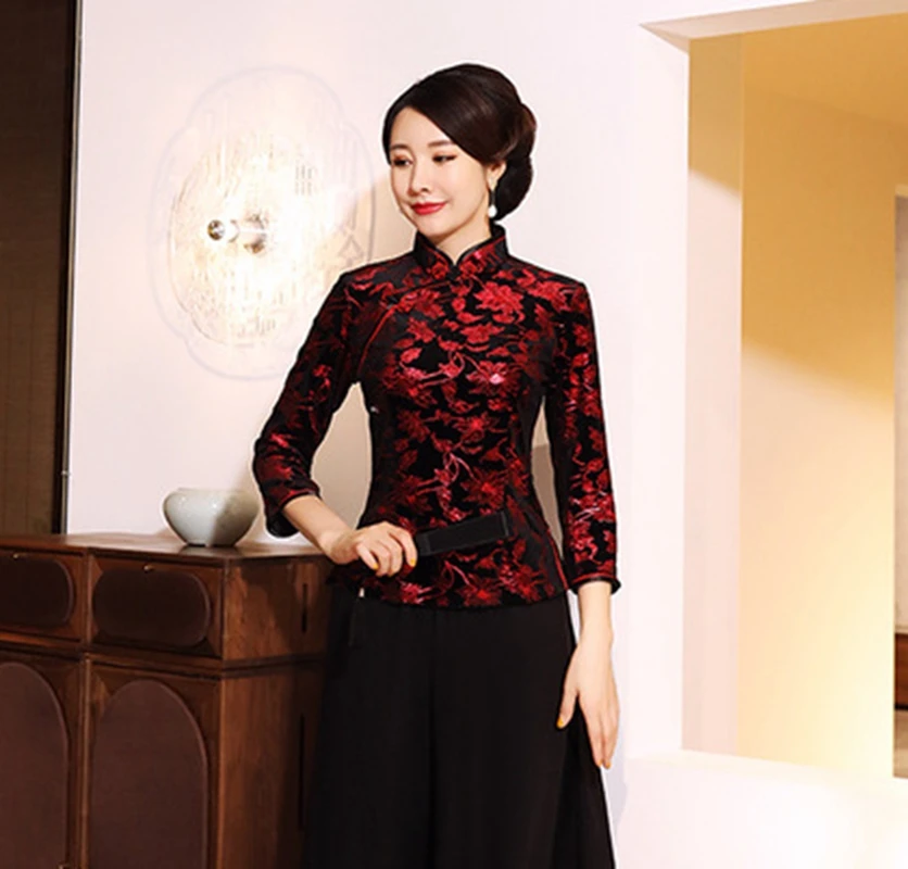 Китайский традиционный стиль осень зима бархат cheongsam женский короткий параграф семь точек рукав принт Тан костюм рубашка
