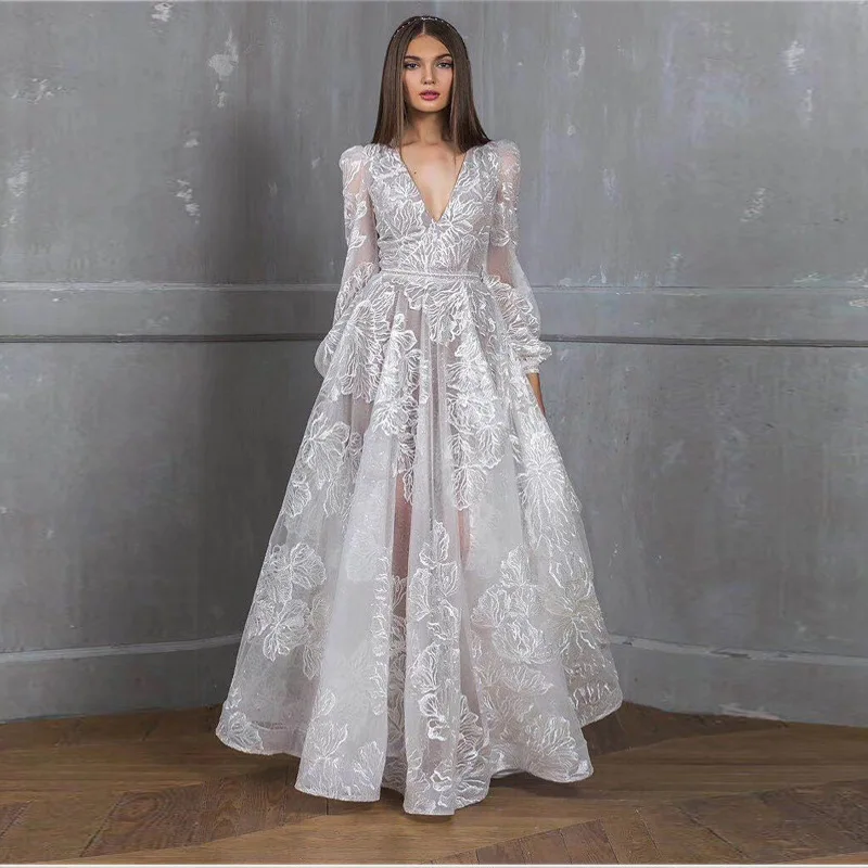 

Fashion Women's Sequin Embroidered Dress Autumn New Style 2021V-neck Lace Embroidery Wedding Evening Dress Banquet Skirt Women