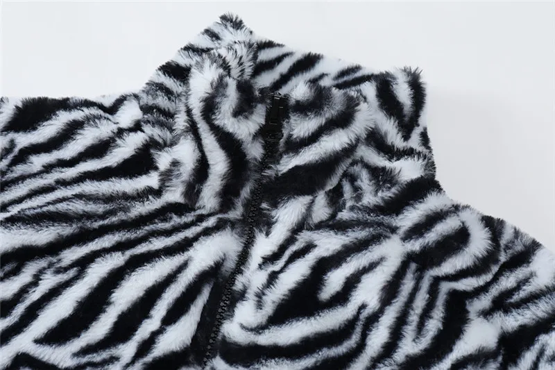 PERHAPS U Women White Black Faux Fur Jacket Outwear Zipper Warm Thick Zebra C0462