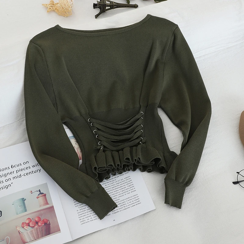 OCEANLOVE Short Pullovers 2020 Bandage Solid Korean Pull Femme Fashion Autumn Winter Ruffles Casual Women Sweaters 13486 | Женская