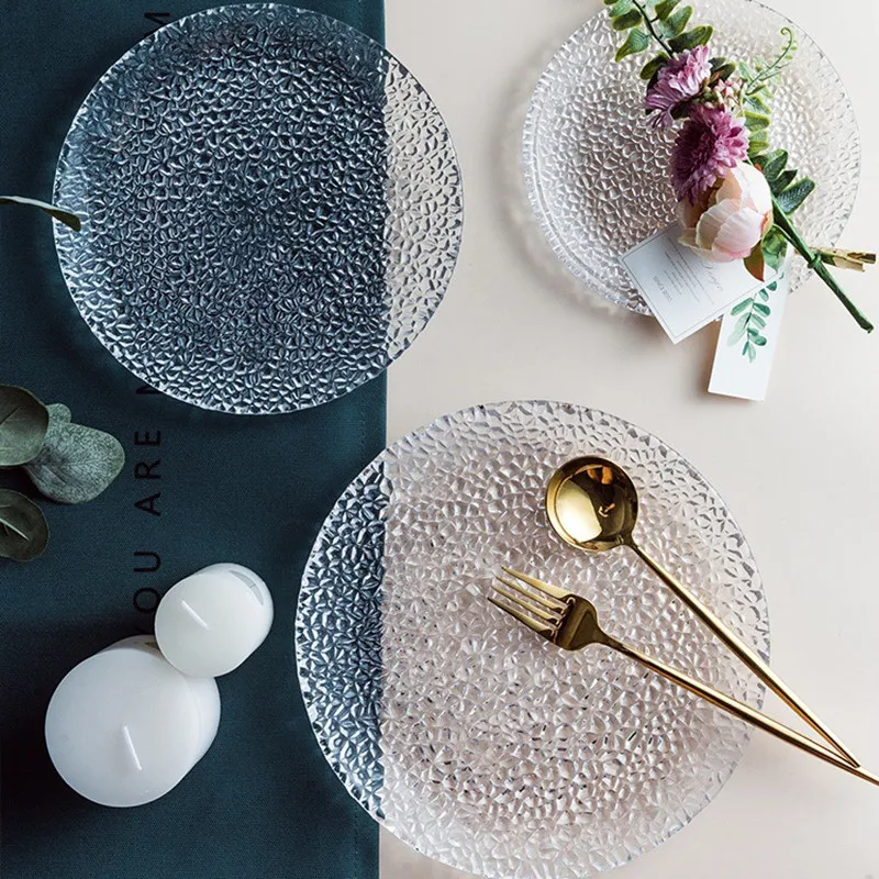 Круглая обеденная тарелка с ледяными трещинами в скандинавском стиле прозрачная