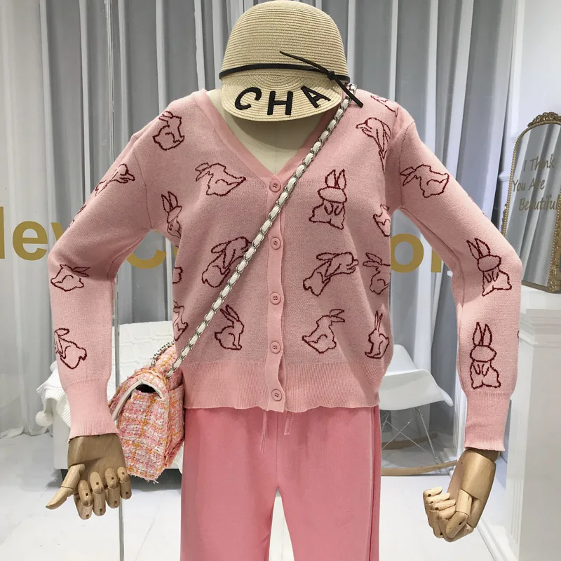 Женский тонкий вязаный кардиган ALPHALMODA с милым рисунком кролика модные вязаные