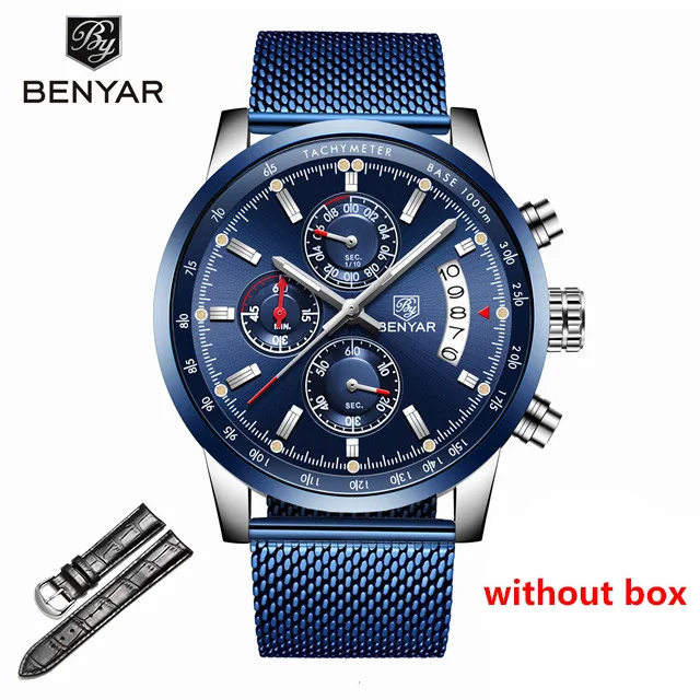 S-silver blue Мужские часы BENYAR, новинка, топ класса люкс, бренд, Бизнес Стиль, дата, мужские часы, сетка, нержавеющая сталь, кварцевые часы с хронографом, zegarek meski - Цвет: S-silver blue