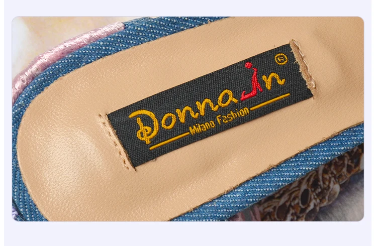 Donna-in/; брендовые летние женские Вьетнамки; пляжные сандалии-шлепанцы с открытым носком на высоком каблуке с вышивкой; модная женская обувь из джинсовой ткани