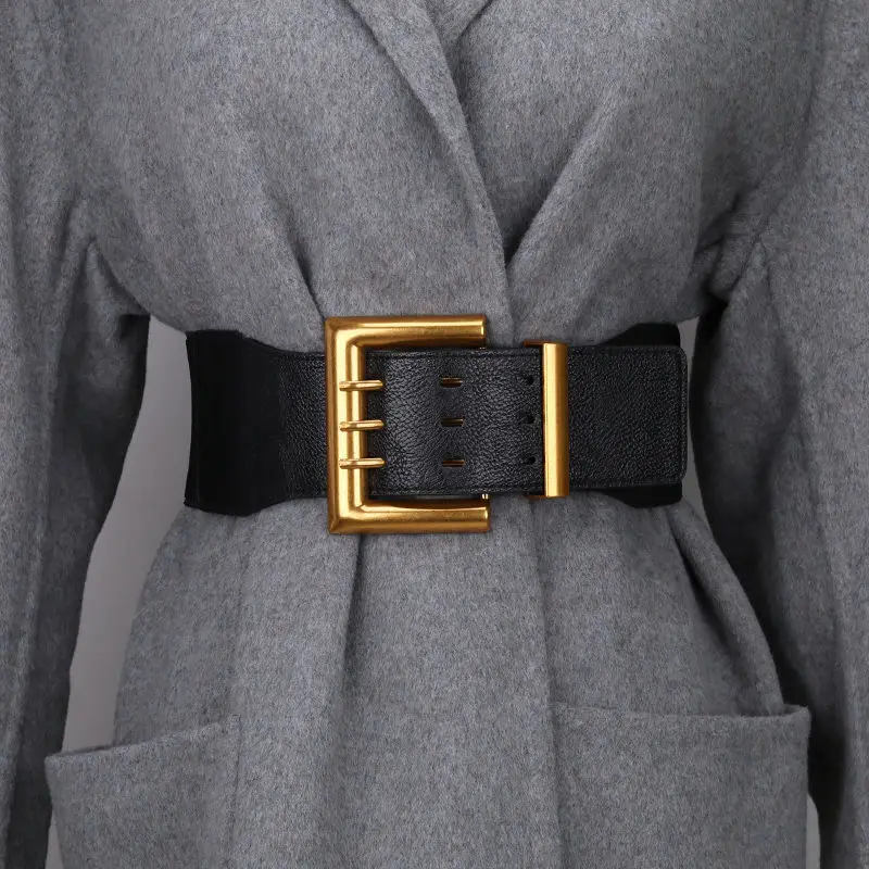 

Black belt ladies decoration European and American wide waist 100 matching coat trench coat gold elastic pin buckle
