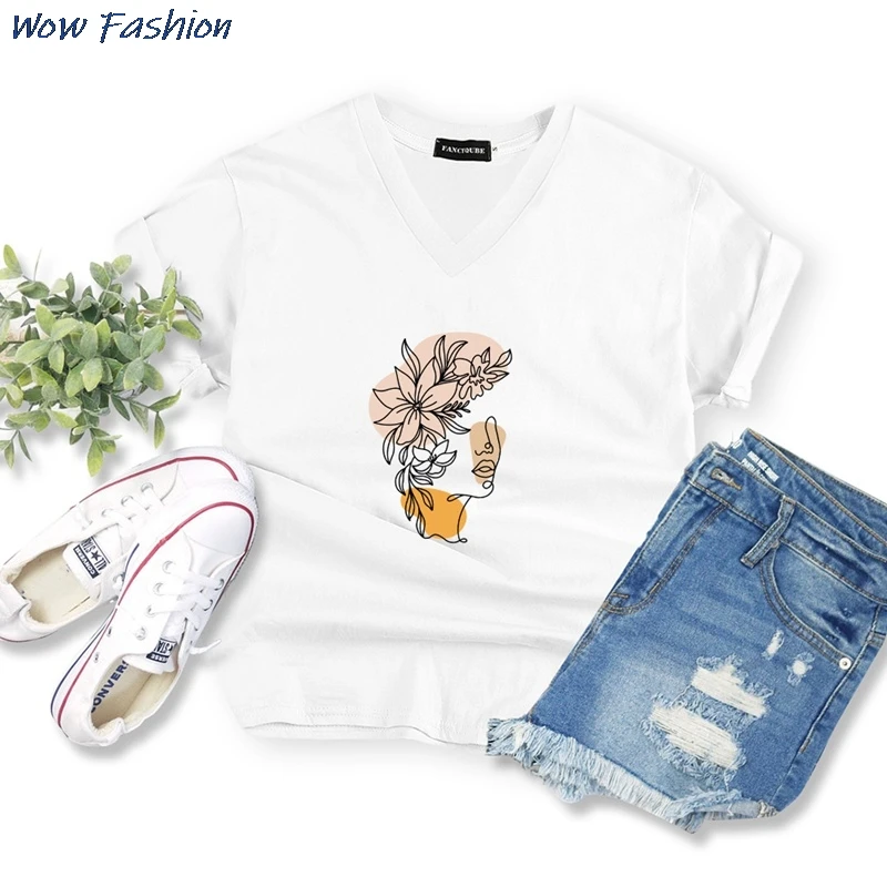 

A New Woman's T-Shirt Korean Casual V-Neck Print Short Sleeve Oversized Cotton Tees Female All Match Fashion Tide 2021 Summer