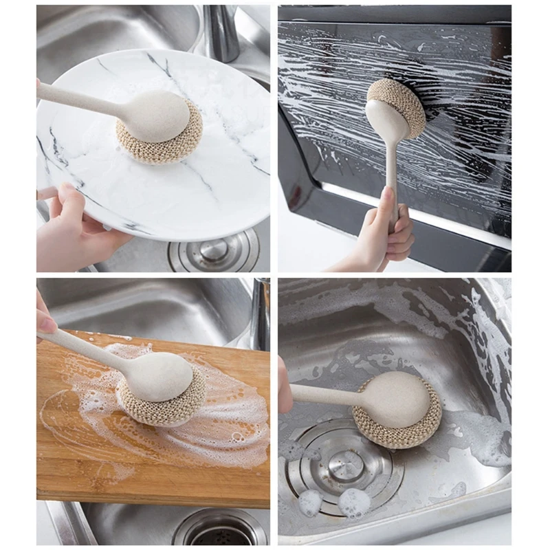 

2Pcs Wheat Straw Ball Cleaning Brush with Long Handle Kitchen Pan Pot Scrubber