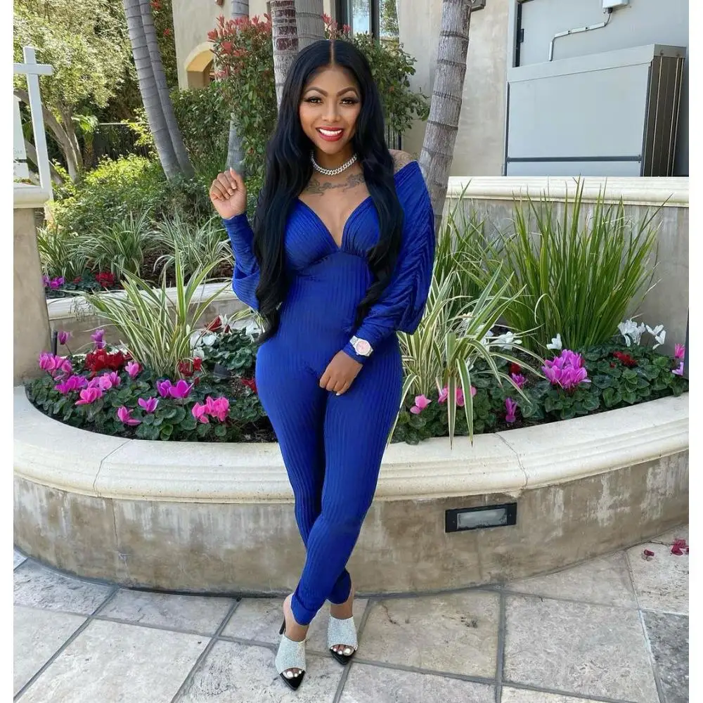 

Однотонный сексуальный комбинезон с V-образным вырезом и рукавом летучая мышь, женский слитный комбинезон с длинным рукавом и открытой спин...